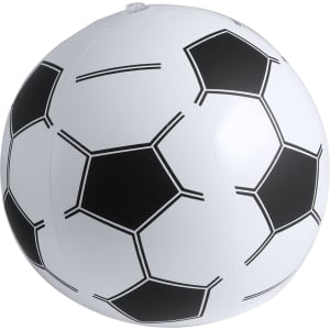 A beach ball designed with a classic soccer ball pattern in black and white. It features a logo.