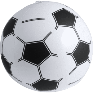A beach ball designed like a soccer ball, featuring a white surface with black hexagonal patterns and a small valve.
