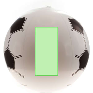 A beach ball designed like a soccer ball, featuring black hexagonal patterns on a white surface and a blank green area.
