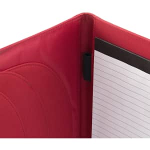 A red compendium with a lined notepad and a black elastic holder inside. It features a smooth, textured finish.