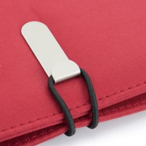 A red Neco Folder with a silver clip and elastic band detail. Ideal for office and business use.