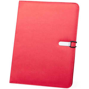 A red folder with a clip closure, featuring a smooth finish and an embedded logo.