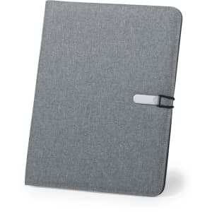 A grey folder with a textured finish, featuring a secure closure and a simple design. It has a branding logo.
