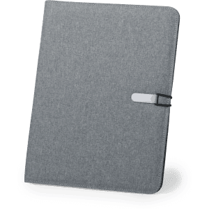 A grey Neco Folder with a simple clasp, designed for organizing documents and notes. It features a logo on the cover.