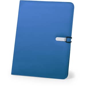 A blue Neco Folder featuring a white clip closure and a smooth exterior, suitable for office use.