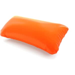 An orange rectangular pillow with a smooth, glossy finish, featuring a logo on one side.