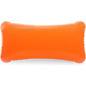 An orange inflatable pillow with rounded edges, featuring a subtle branding logo.