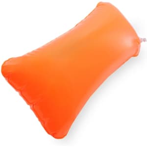 An orange inflatable pillow with a smooth surface and rounded edges, featuring a branding logo.