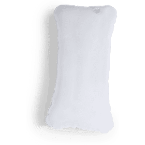 A white, rectangular pillow with a softly contoured edge, featuring a small logo.