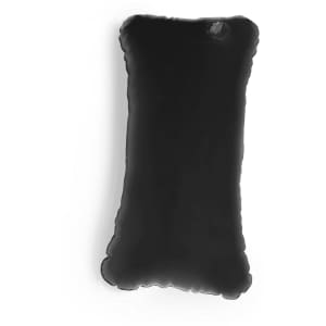 A black pillow with a textured border, featuring a small logo at the top.