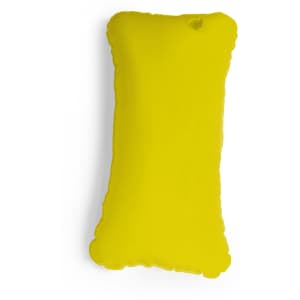 A bright yellow decorative pillow with a soft, plush texture and scalloped edges. It features a small logo.