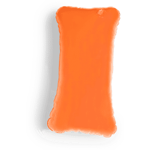 An orange pillow with a soft, textured surface, featuring a wavy, outlined shape. It has a branding logo.