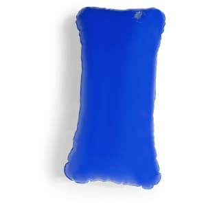A blue rectangular pillow with rounded edges and a smooth texture. It features a logo on one corner.