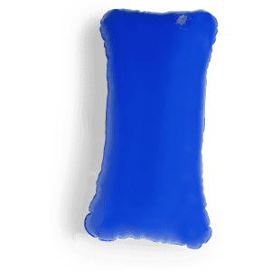 A bright blue pillow with a textured edge, featuring a small logo on the surface.