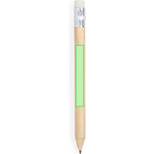 A miniature grey-lead pencil with a wooden body and a rubber eraser at the top.