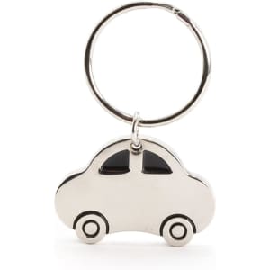 A silver keyring shaped like a car, featuring black details for the windows and wheels.