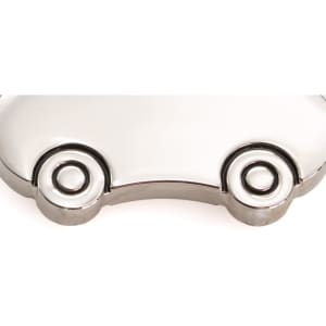 A metallic keyring shaped like a car, featuring circular wheels, in a shiny silver finish.