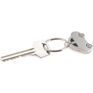 A car-shaped silver keyring attached to a standard key, featuring a metal ring for attachment.