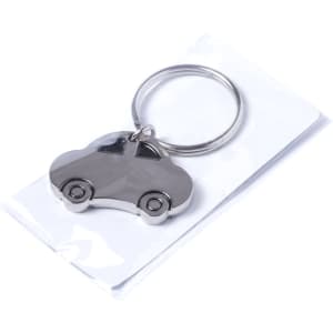 A silver car-shaped keyring packaged in clear plastic, featuring a metal keyring attachment.