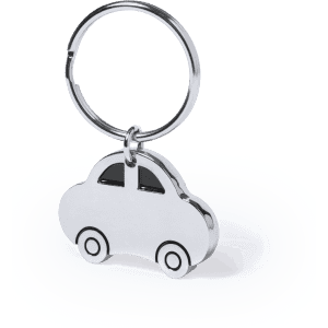 A silver car-shaped keyring with a metal keyring attachment, featuring outlined windows and wheels.