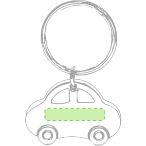 A silver keyring shaped like a car, featuring a green panel in the centre. It has a circular ring attachment.