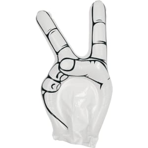 An inflatable hand shaped into a peace sign, featuring a black outline on a white background.