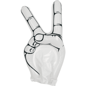 An inflatable white hand making a peace sign, featuring black outlines. The product includes a logo.