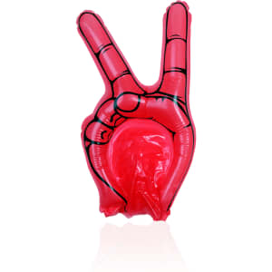 A large, inflatable red hand with two fingers raised in a peace sign. It features black outlines and details.