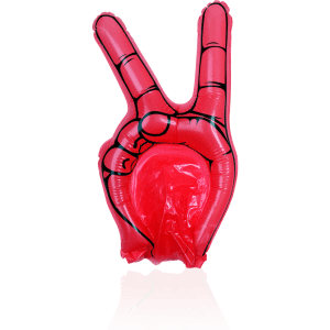 A bright red inflatable hand shaped in a peace sign, featuring a black outline and detailing.