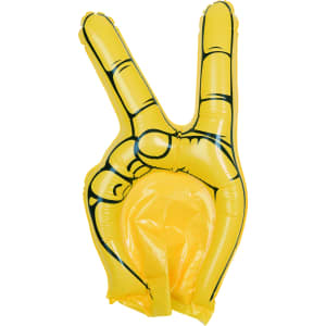 An inflatable yellow hand in a peace sign gesture, featuring a black outline.