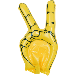 A yellow inflatable hand making a peace sign, featuring black outlines and details. It has a logo on the surface.