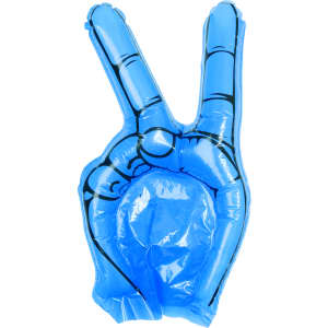 A blue inflatable hand with a peace sign gesture, featuring outlined details and a glossy finish.