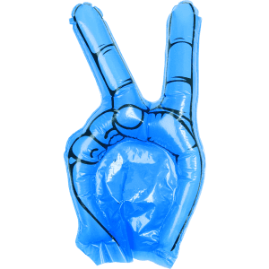 A blue inflatable hand with a peace sign, featuring a black outline and a glossy finish.
