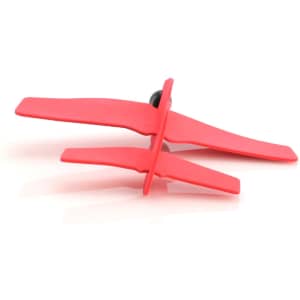 A red novelty airplane toy with a simple, playful design, featuring a central rotating mechanism and a logo.