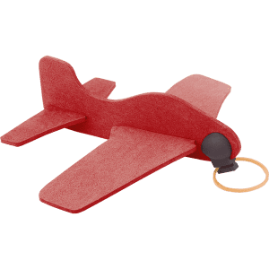 A red novelty aircraft toy made of felt, featuring a propeller and a rubber band mechanism.