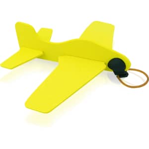 A bright yellow toy aircraft with a rubber band for launching, featuring a simple, streamlined design.