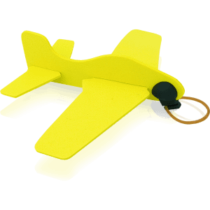 A bright yellow novelty aircraft toy, featuring a sturdy design with a rubber band launcher. It has a simple logo on it.