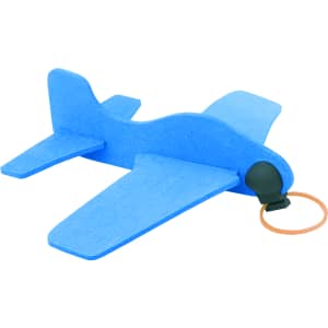 A blue foam aircraft novelty toy with a rubber band launcher. It features simple, playful design elements.