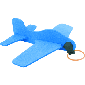 A blue novelty aircraft toy made from foam with a rubber band launcher. It features a simple design and a round base.