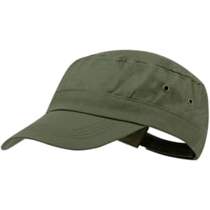 A green cap with a curved peak, featuring ventilation eyelets and an adjustable strap at the back.