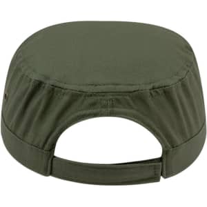 A green cap with a flat top and adjustable back strap, featuring a logo on the side.