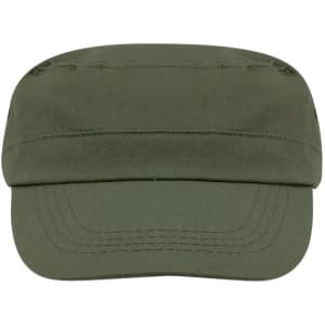 An olive green cap featuring a flat brim and a structured design, with a logo on the front.