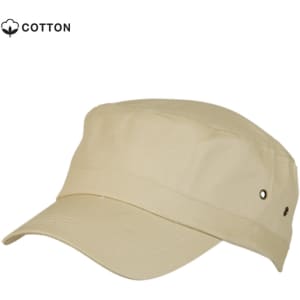 A beige cotton cap featuring a structured design and ventilation holes, with a logo on the side.