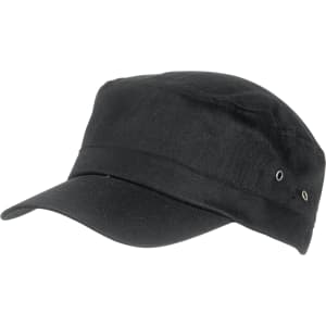 A black cap with a stiff brim, featuring eyelet vents and a simple design. It has a logo on the side.