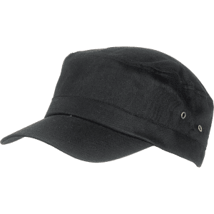 A black cap featuring a structured design and side eyelets, suitable for various styles and occasions.