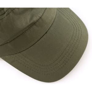 An olive green cap with stitching details and a curved brim, featuring a small logo or brand emblem.