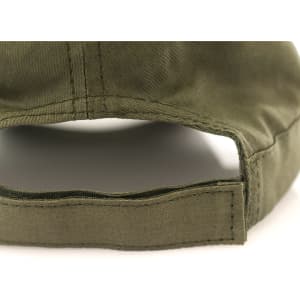 An olive green cap featuring a strap closure at the back and a logo on the side.