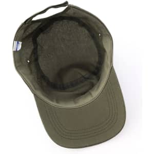 An olive green cap with a curved brim and an open interior, featuring a subtle logo inside.