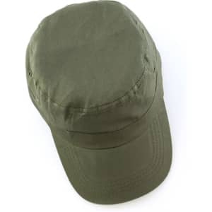 An olive green cap with a curved brim and a minimalist design, featuring a logo on the side.
