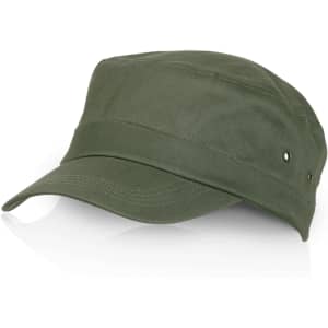 An olive green cap featuring a structured design and metal eyelets, with a curved brim and a logo.